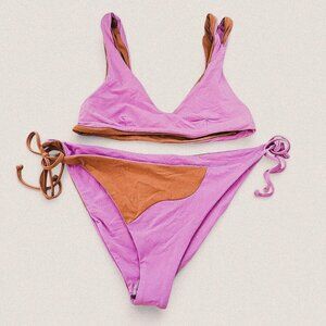 L*space pink brown swirl retro print tie vneck bikini set Size small large